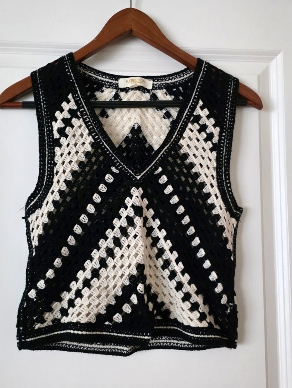 Crochet Vneck Vest Boho Gothic Festival Womens S Black White Rebellion